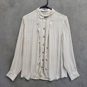 LOFT Blouse Striped Cream/Off White Long Sleeve Top RUFFLED NECKLINE Size Medium